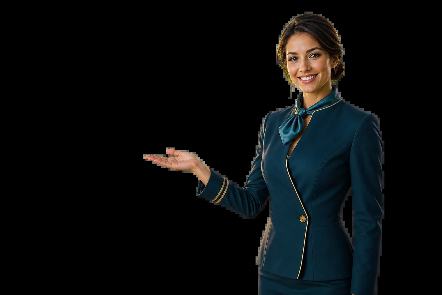 Aeromoça sorrindo e convidando o cliente para embarcar