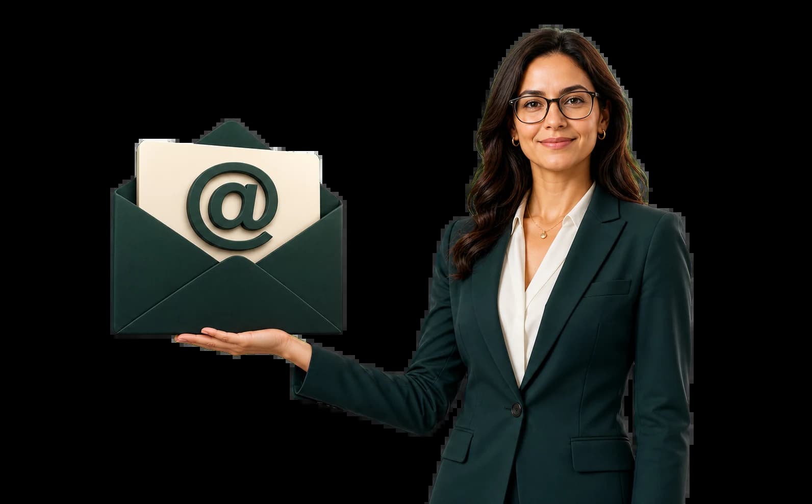 Consultora profissional sorrindo, com óculos, apresentando um envelope com arroba